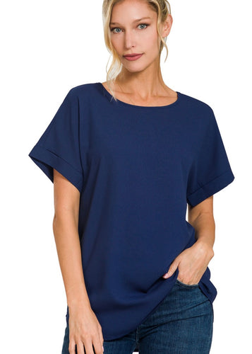 Navy Woven Rolled Sleeve Top - Farm Town Floral & Boutique
