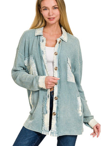 Distressed Blue Waffle Shacket - Farm Town Floral & Boutique